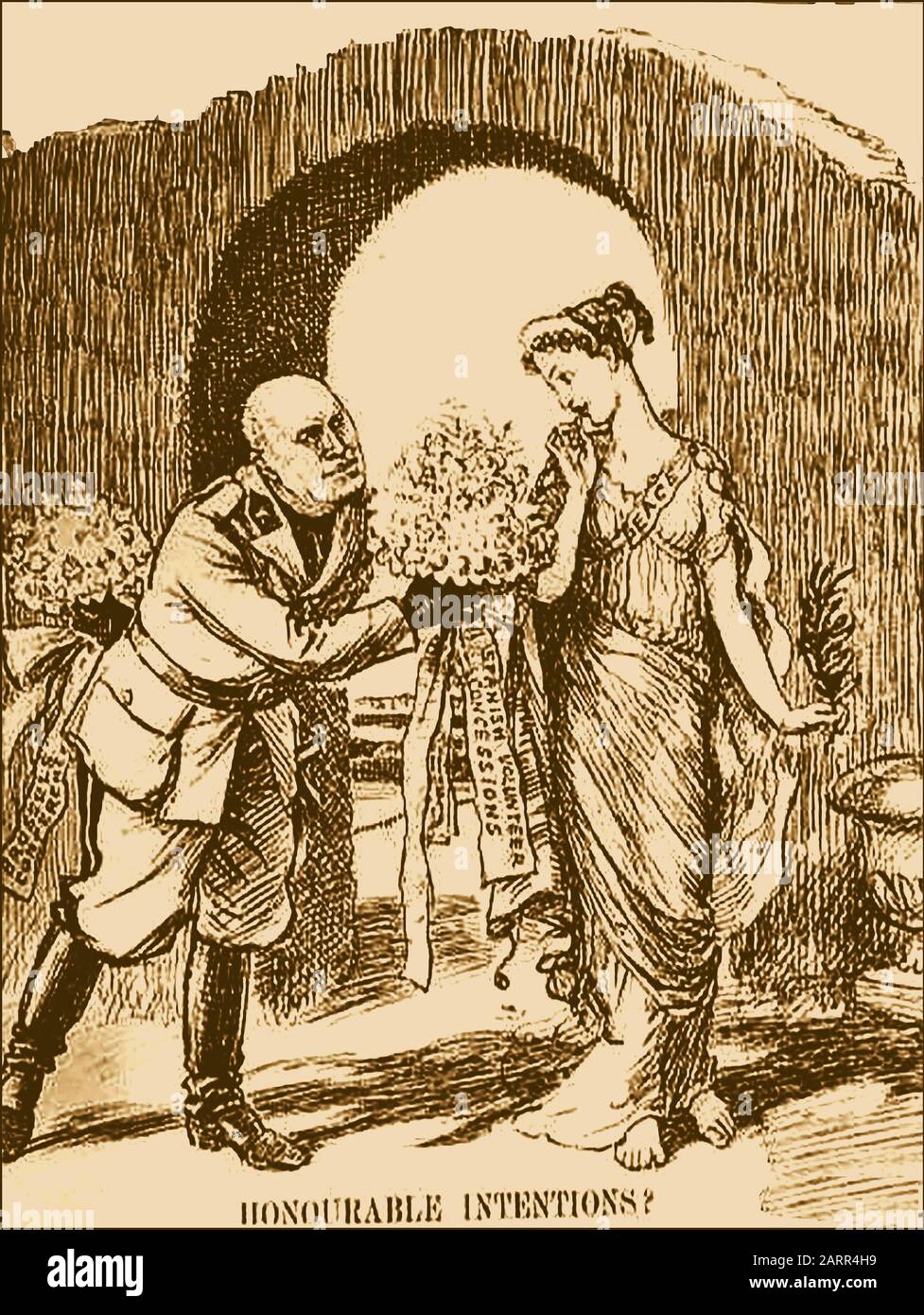 MUSSOLINI BEARING  FALSE GIFTS, A British political cartoon  from 1937 ). -   Benito Amilcare Andrea Mussolini (1883-1945) was a Political Journalist, Prime Minister of Italy, Minister of Foreign Affairs, Duce  of the Italian Social Republic , Dictator & leader of the National Fascist Party.  He and his mistress  Clara Petacci , and followers were summarily shot after being captured by partisans and were taken to Milan where their bodies were kicked, mutilated and hung upside down. Stock Photo