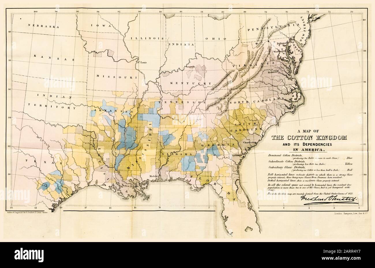 Map of Cotton Growing regions of the American South during the Slave Trade, published in 1861 Stock Photo