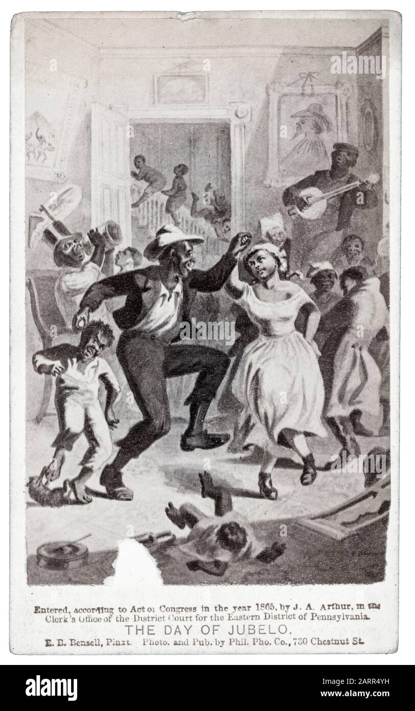 The Day of Jubelo, African Americans (freed slaves?) celebrating in a plantation house, includes couples dancing and children playing, Carte De Visite 1865 Stock Photo