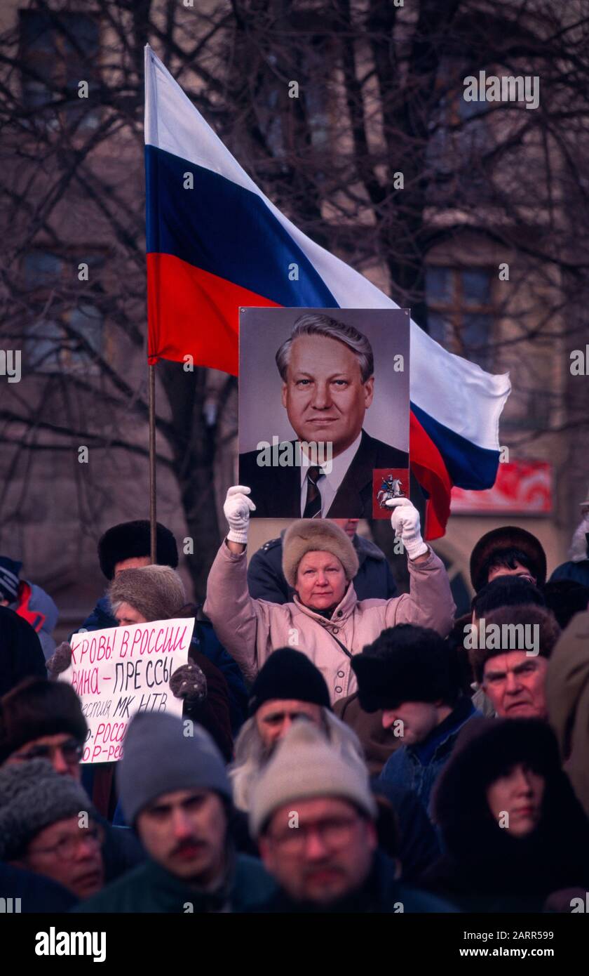 Small group of supporters of Boris Yeltsin demonstrating on Pushkin Square in Moscow Russia, 1995. Stock Photo