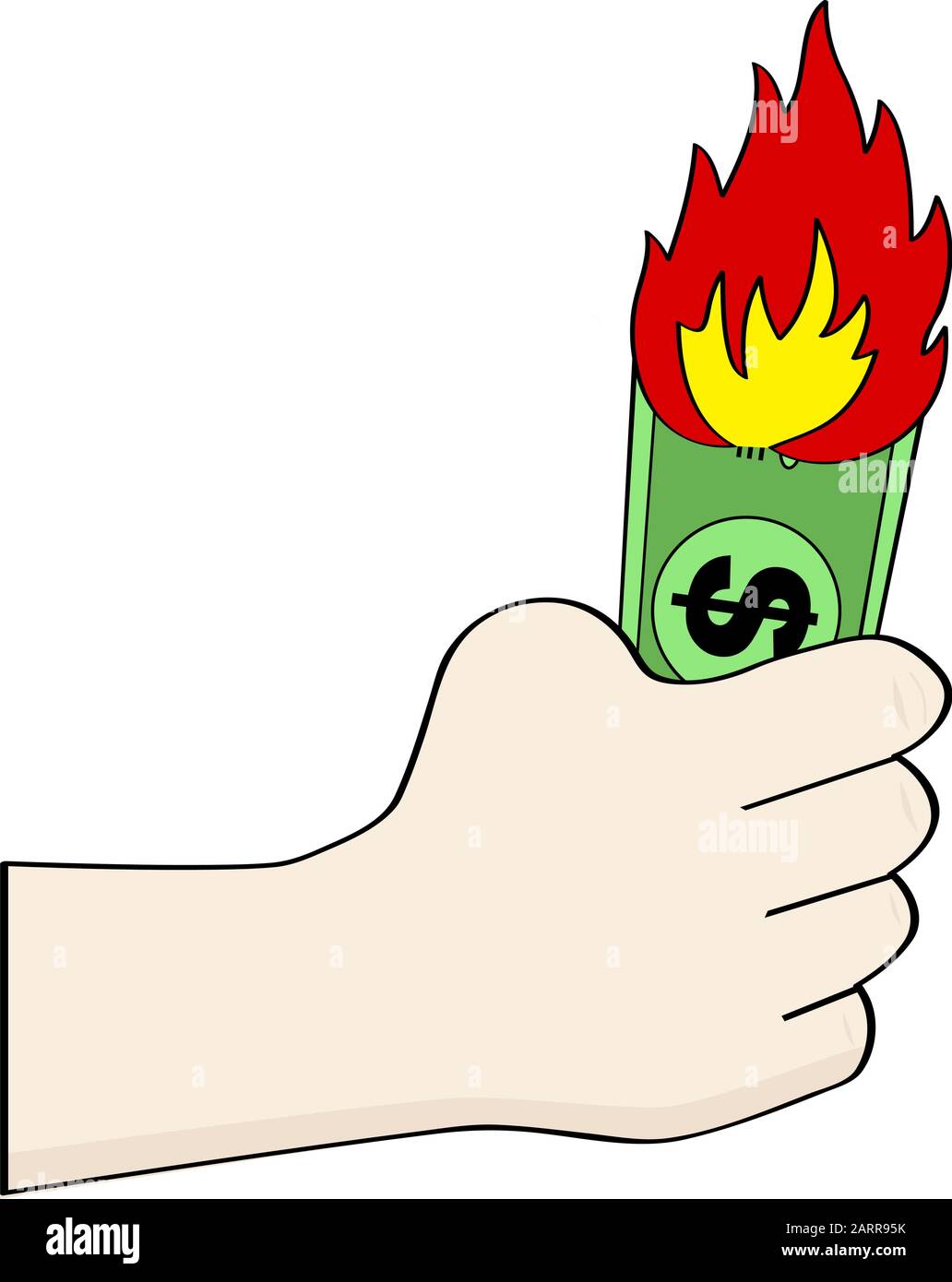 Cartoon illustration showing a hand holding a burning dollar bill Stock Vector