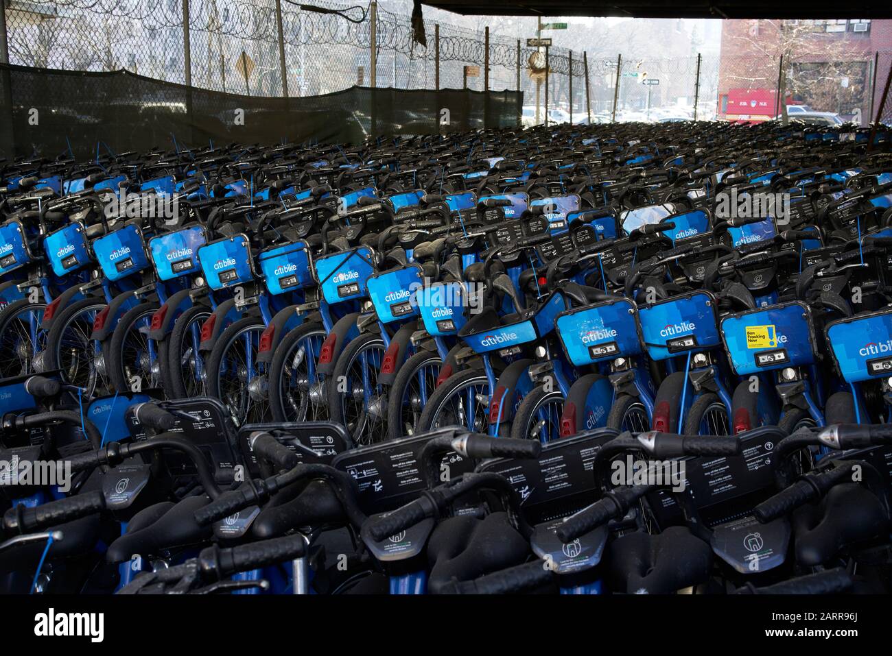 Citibike bicycles for bike sharing stored during New York's winter low biking season. Stock Photo