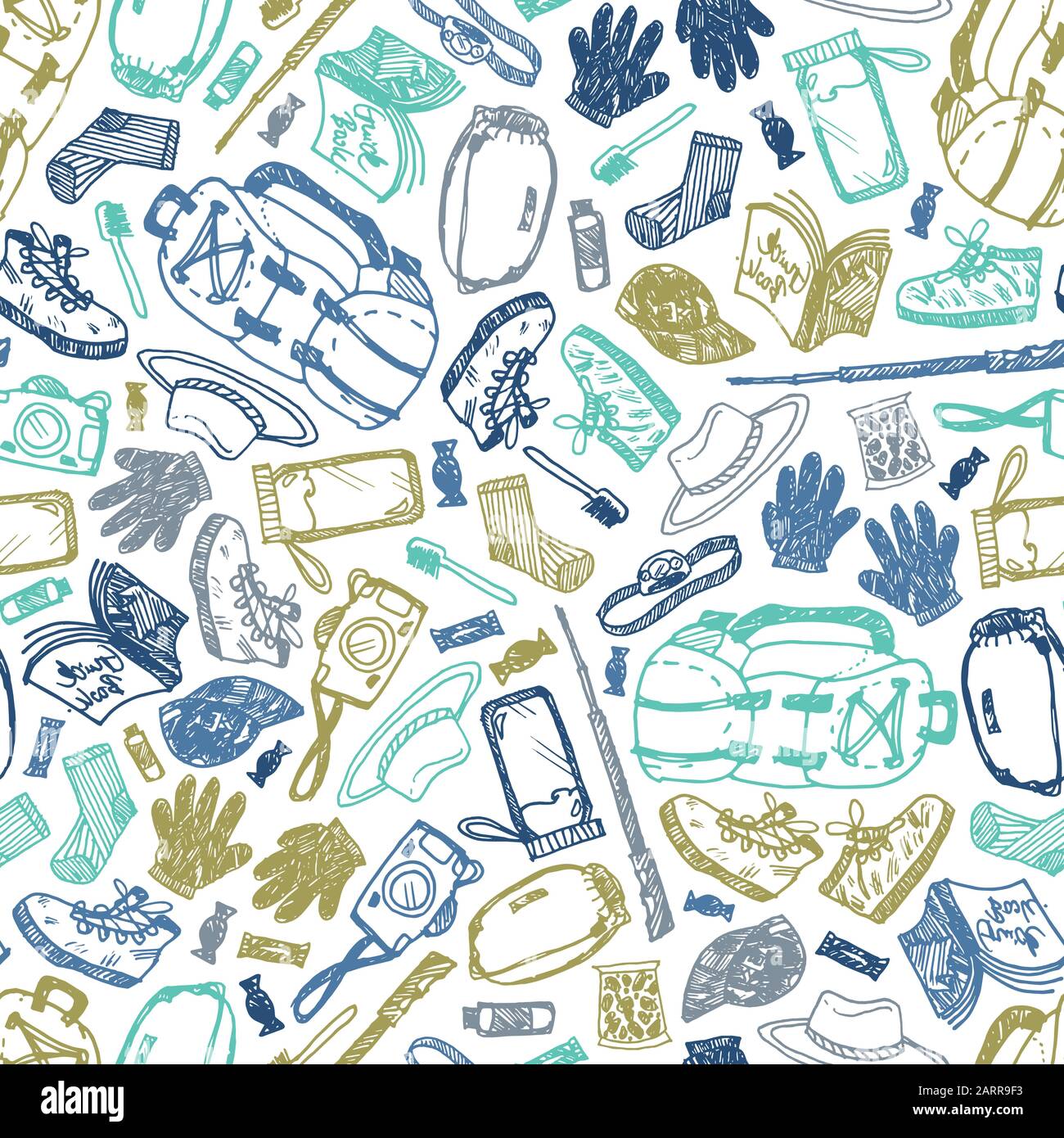 Vector white seamless doodle sketch pattern with objects for trekking ...