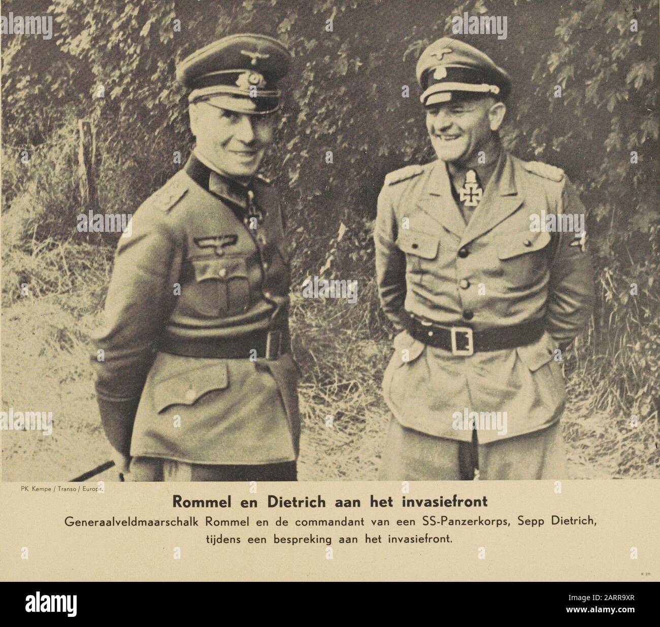 Rommel and Dietrich on the invasion front. General Field Marshal Rommel and the commander of an SS Panzer Corps, Sepp Dietrich, during a meeting at the invasion front; Rommel and Dietrich at the Invasion Front. General Field Marshal Rommel and the commander of an SS Panzer Corps, Sepp Dietrich, during a meeting at the invasion front; Stock Photo