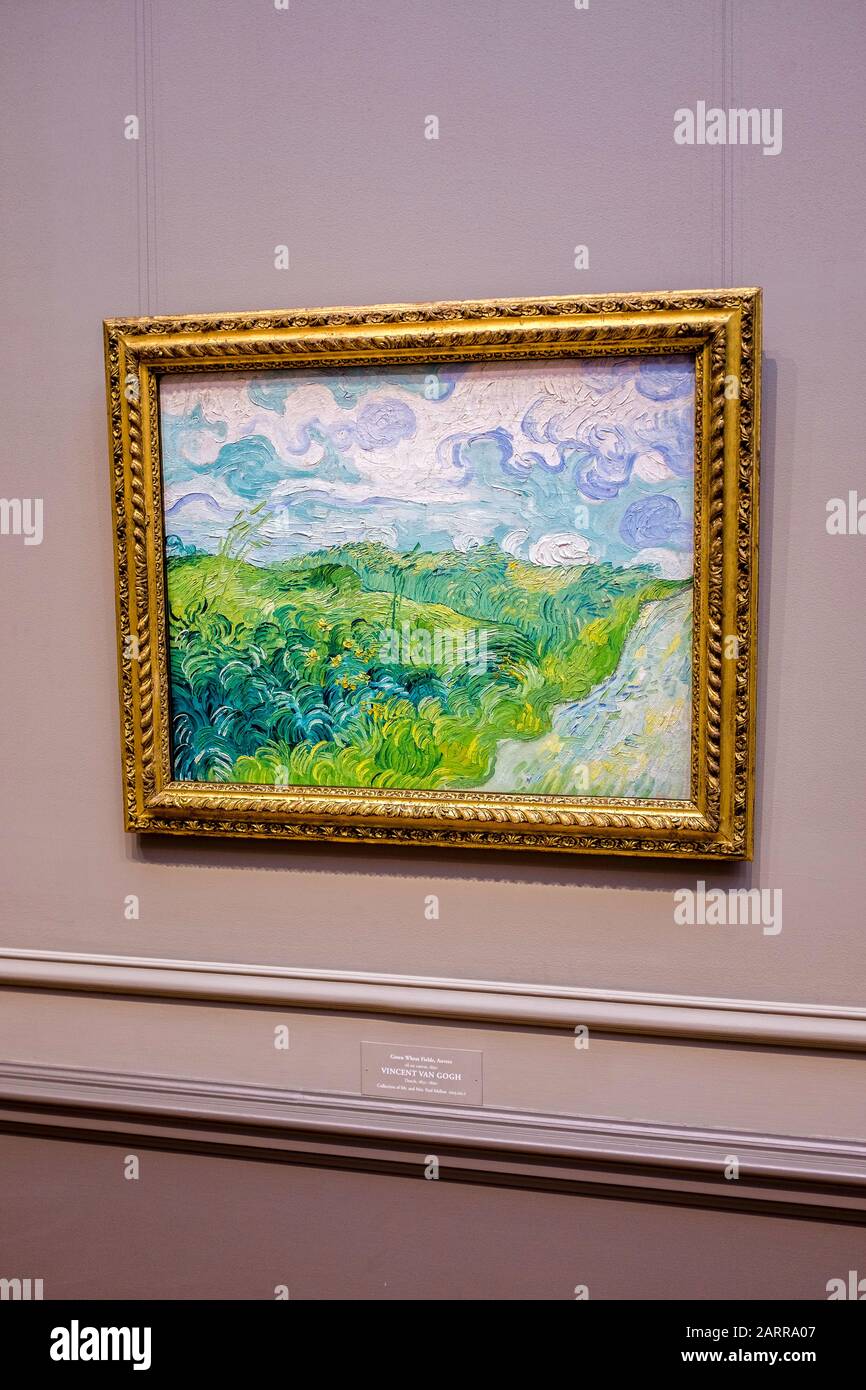 A framed oil on canvas, Green Wheat Fields by Vincent Van Gogh, hanging at the National Gallery of Art in Washington D.C. Stock Photo