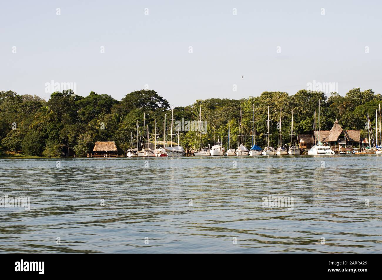 Harbor with sailboats at the Rio Dulce river in Guatemala Stock Photo