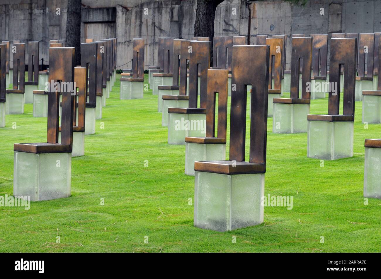 The Field of Empty Chairs at the Oklahoma City National Memorial, site of the April 19, 1995 bombing. Each chair represents one of the 168 victims. Stock Photo