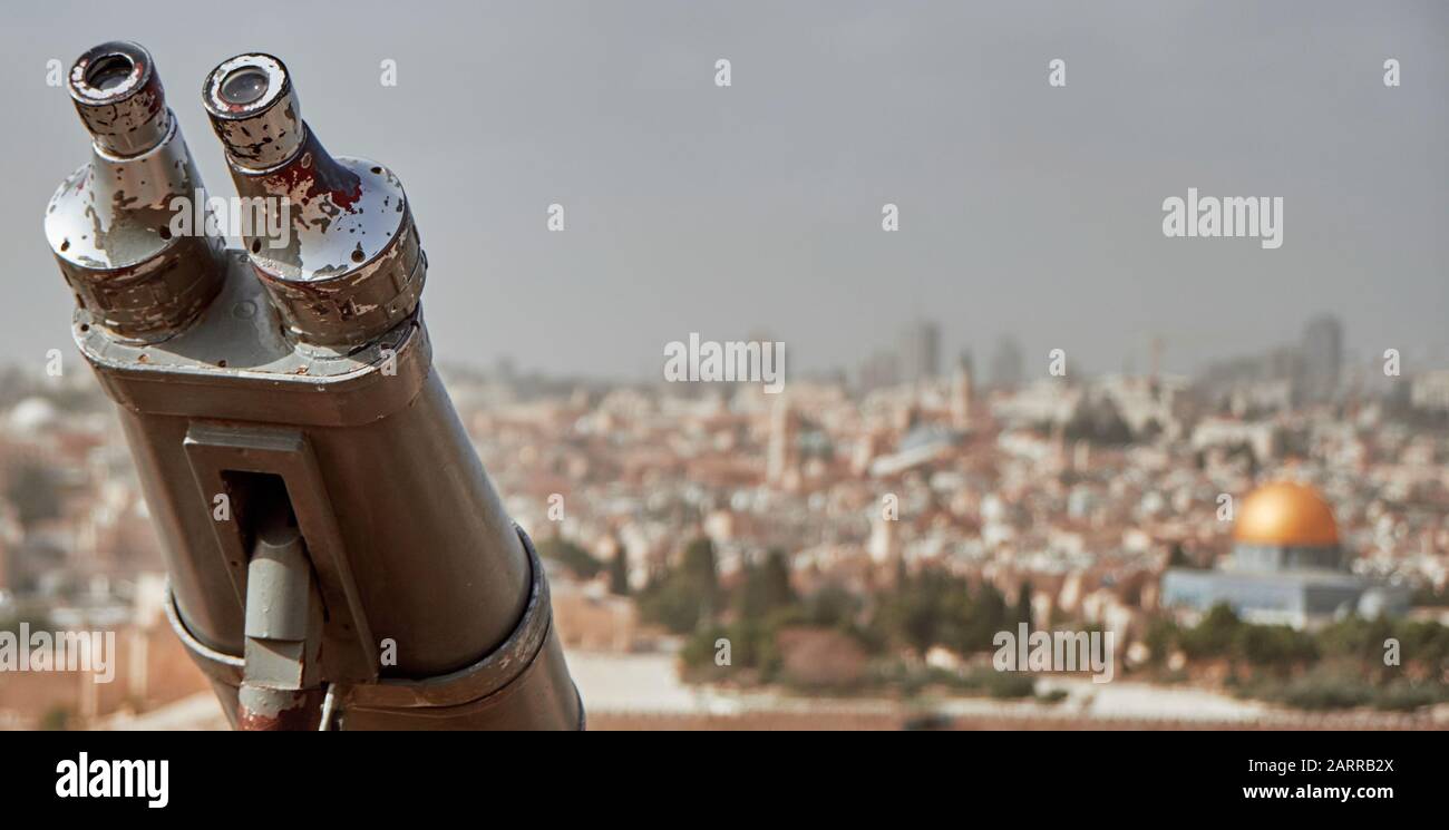 binoculars and Panoramic view to Jerusalem old city from the Mount of ...