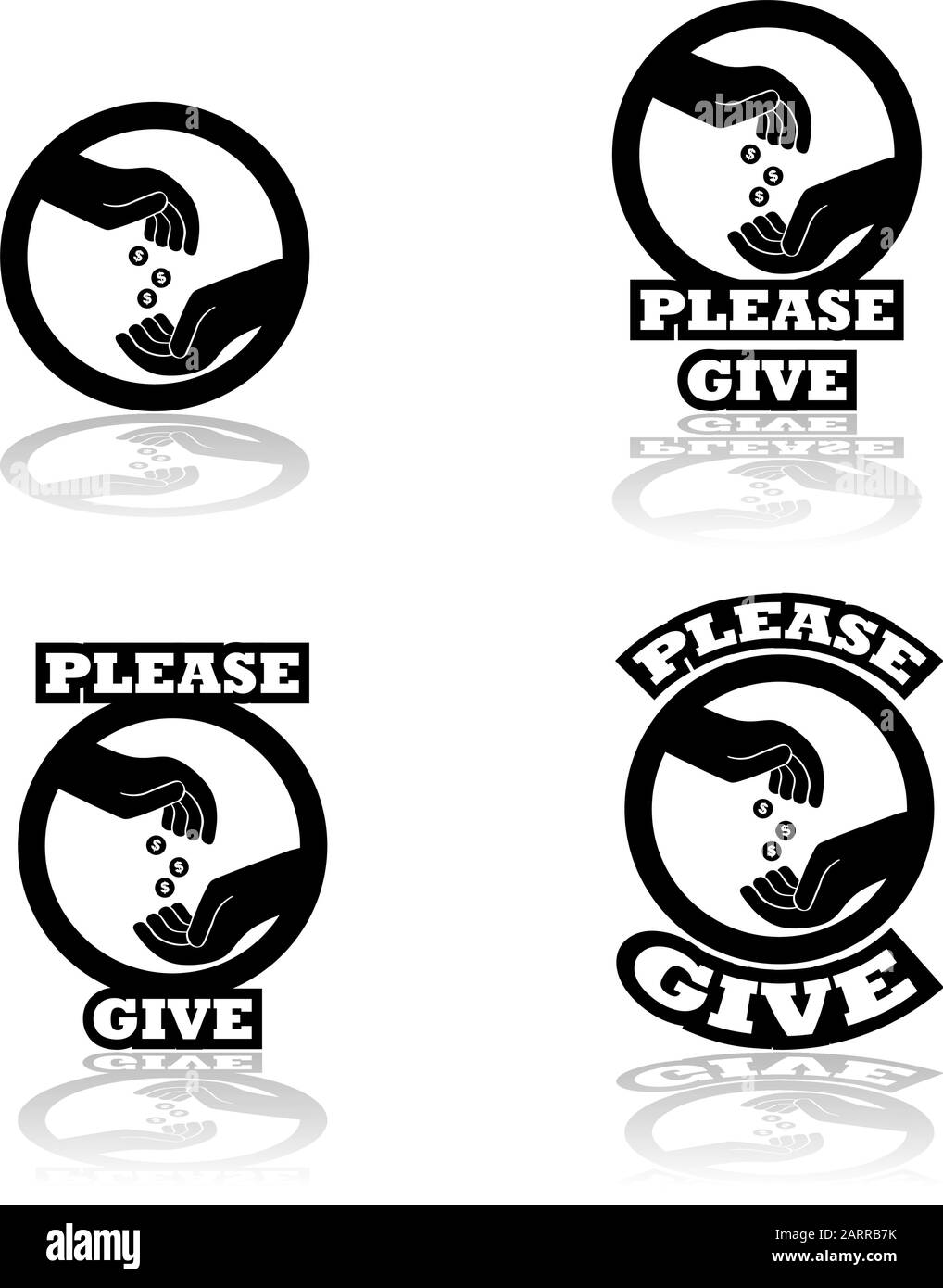 Icon set showing a hand dropping some coins on an open hand, indication donations Stock Vector