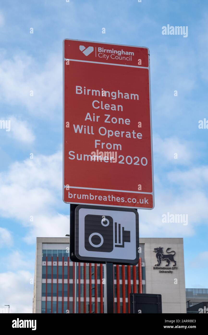 Signs have started going up on roads around Birmingham in preparation for the Clean Air Zone which comes into operation in summer 2020 Stock Photo