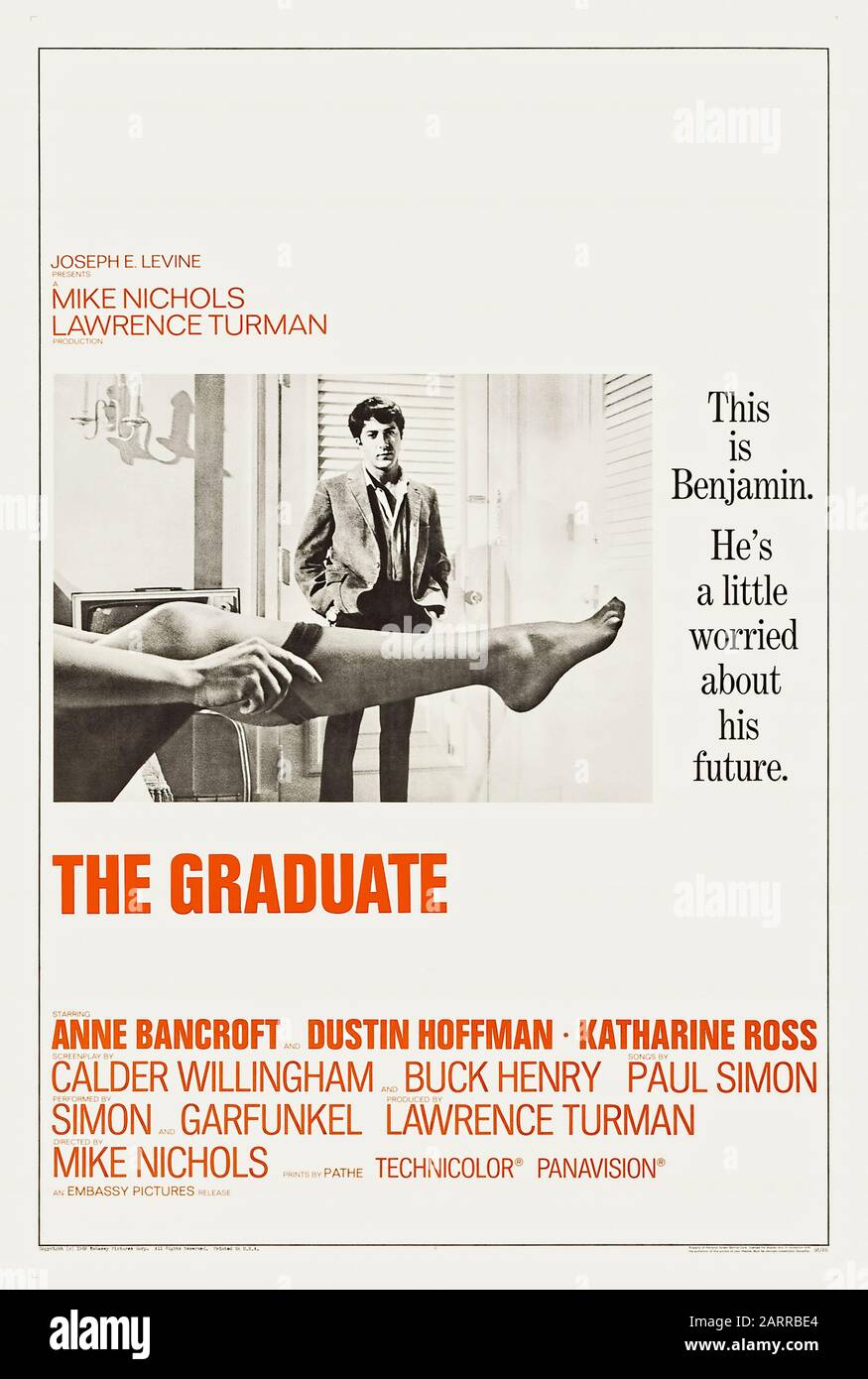 The Graduate (1967) directed by Mike Nichols and starring  Dustin Hoffman, Anne Bancroft, Katharine Ross and William Daniels. Successful and critically acclaimed adaptation of Charles Webb’s novel about a recent graduate who is seduced by the older Mrs Robinson before falling in love with her daughter. Stock Photo