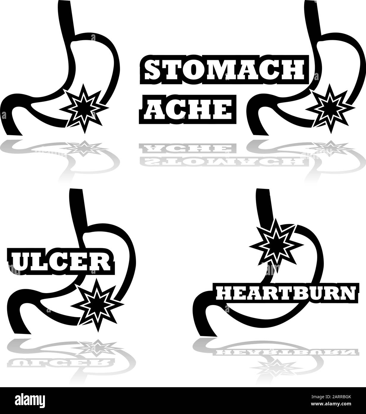 Concept illustration showing a stomach with a star to represent pain, and associated with different kinds of stomach problems Stock Vector