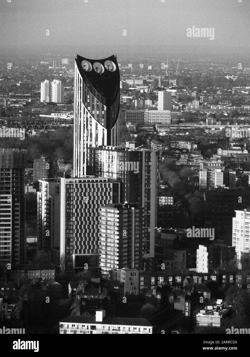 an artistic monochrome, black and white, of a skyscraper in London, viewed form high up Stock Photo