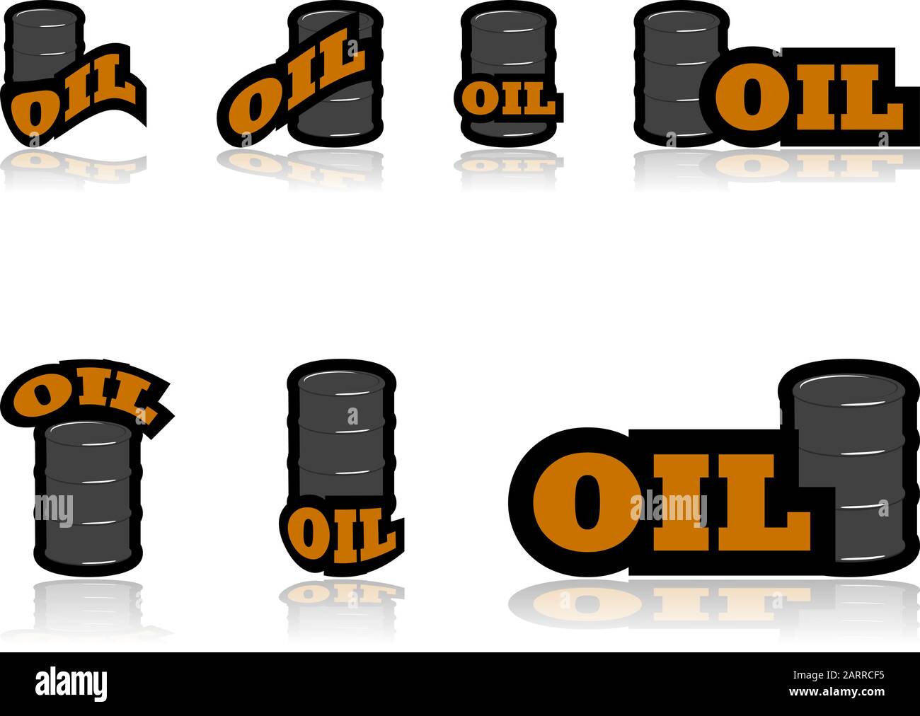 Icon set showing a barrel of oil combined with different representations of the word oil Stock Vector