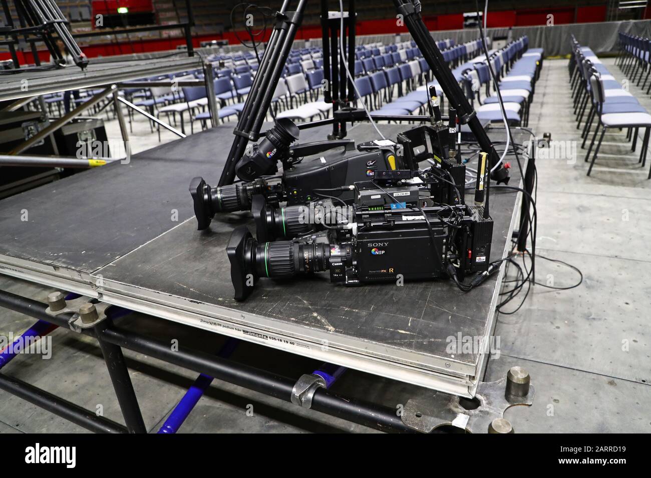 Linkoping, Sweden 20200129 SVT shows the stage for the Melodifestivalen in Saab arena, Linköping. Melodifestivalen, literally 'the Melody Festival is an annual song competition organised by Swedish public broadcasters Sveriges Television (SVT) and Sveriges Radio (SR).  Photo Jeppe Gustafsson Stock Photo