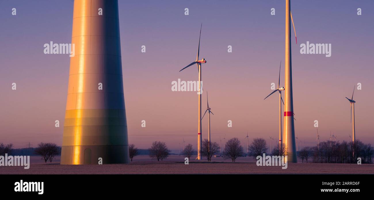Wind turbines at sunset with blue violet colors on a meadow, concept of ecological energy, climate change, renewable energy Stock Photo