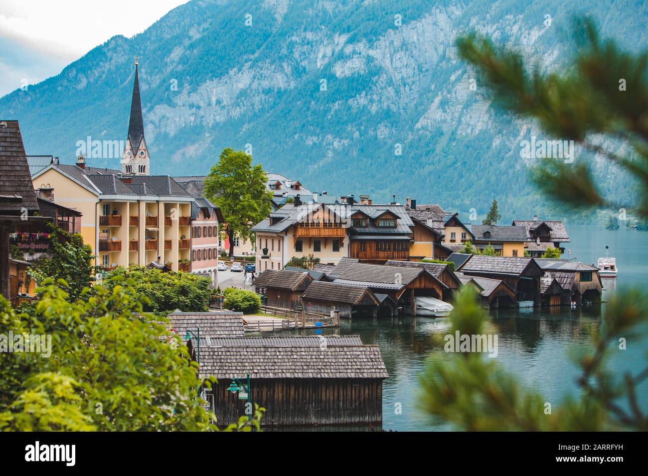 panoramic view of hallstatt city in austria Stock Photo