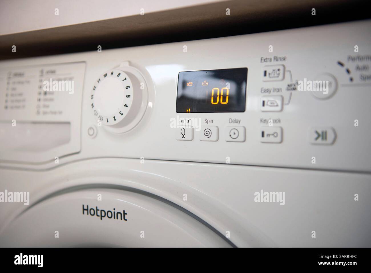 A Hotpoint washing machine which is on a recall list of fire-prone  appliances. This is one of a host of machines that may catch fire owing to  an overheating door mechanism. About