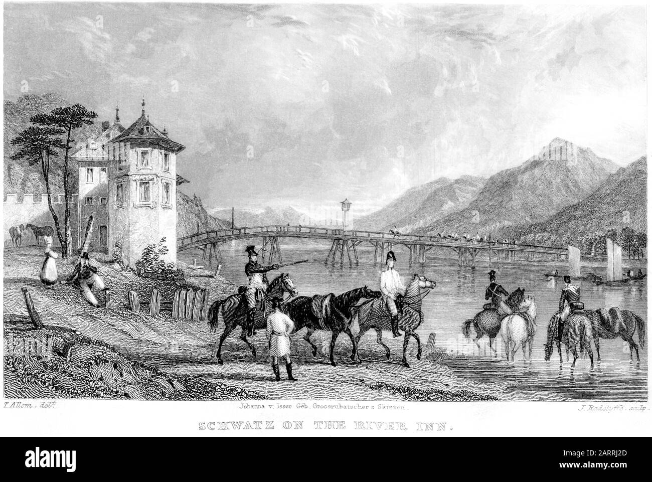 An engraving of Schwatz (Schwaz) on the River Inn scanned at high resolution from a book printed in 1836. Believed copyright free. Stock Photo