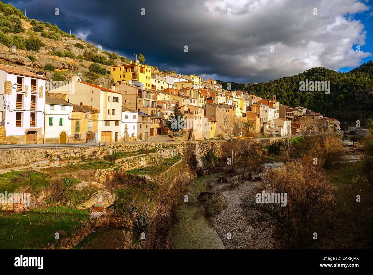 The town of Margalef with evening sunshine, in winter, Lleida, Catalunya, Spain Stock Photo