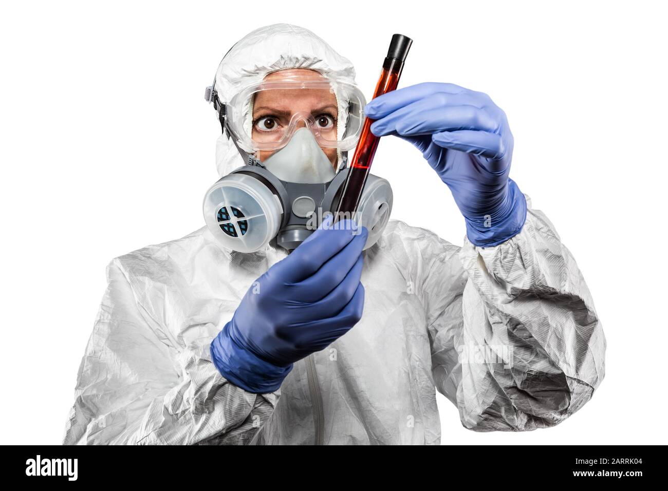 Desperate medical NHS EMS worker in white protective suit,blue