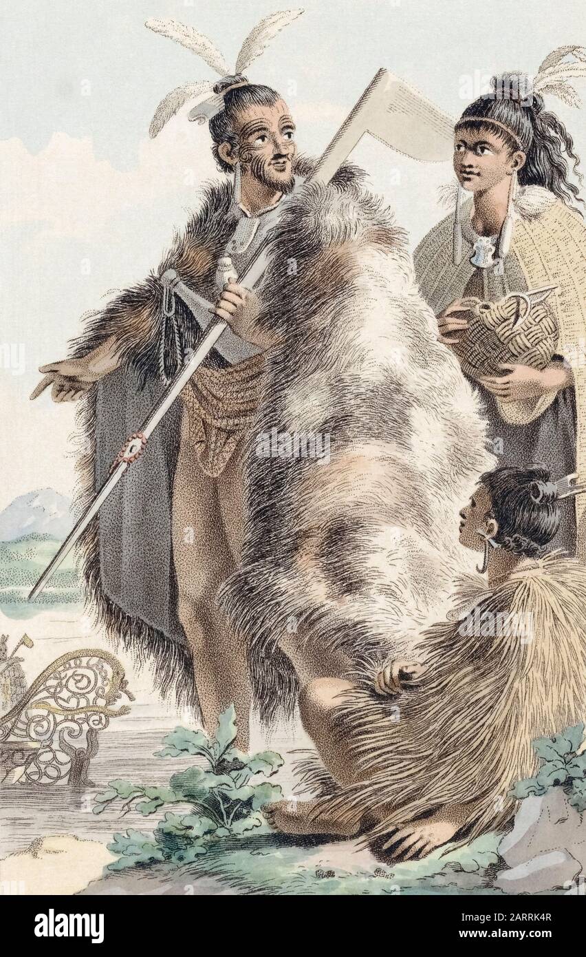 Maoris of New Zealand.  After an early 19th century print. Stock Photo