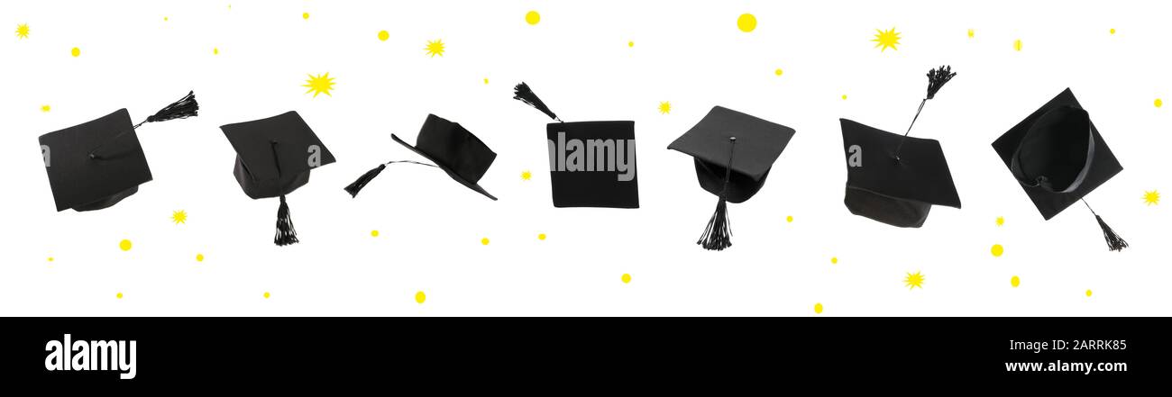 Collage with mortar boards on white background Stock Photo - Alamy