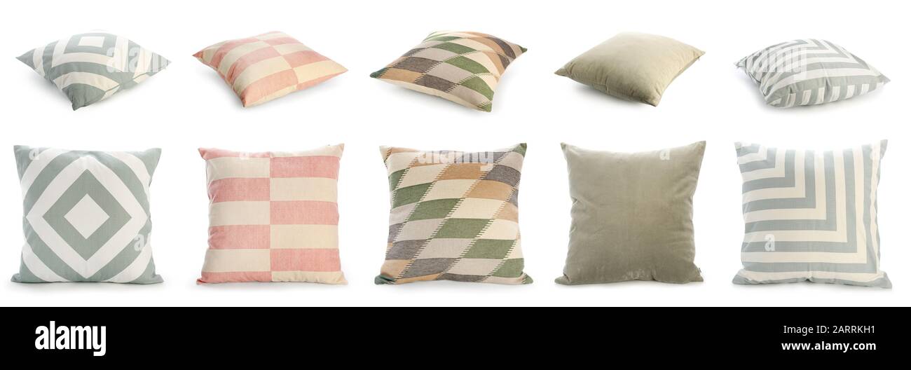 Set with different pillows on white background Stock Photo