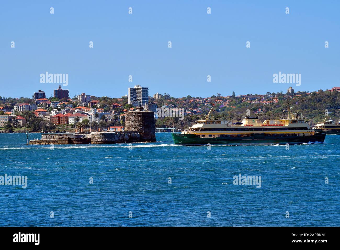 Sydney, NSW, Australia - October 31, 2017: Ferry crossing Fort Denison, former prison and now restaurant in Port Jackson harbor Stock Photo
