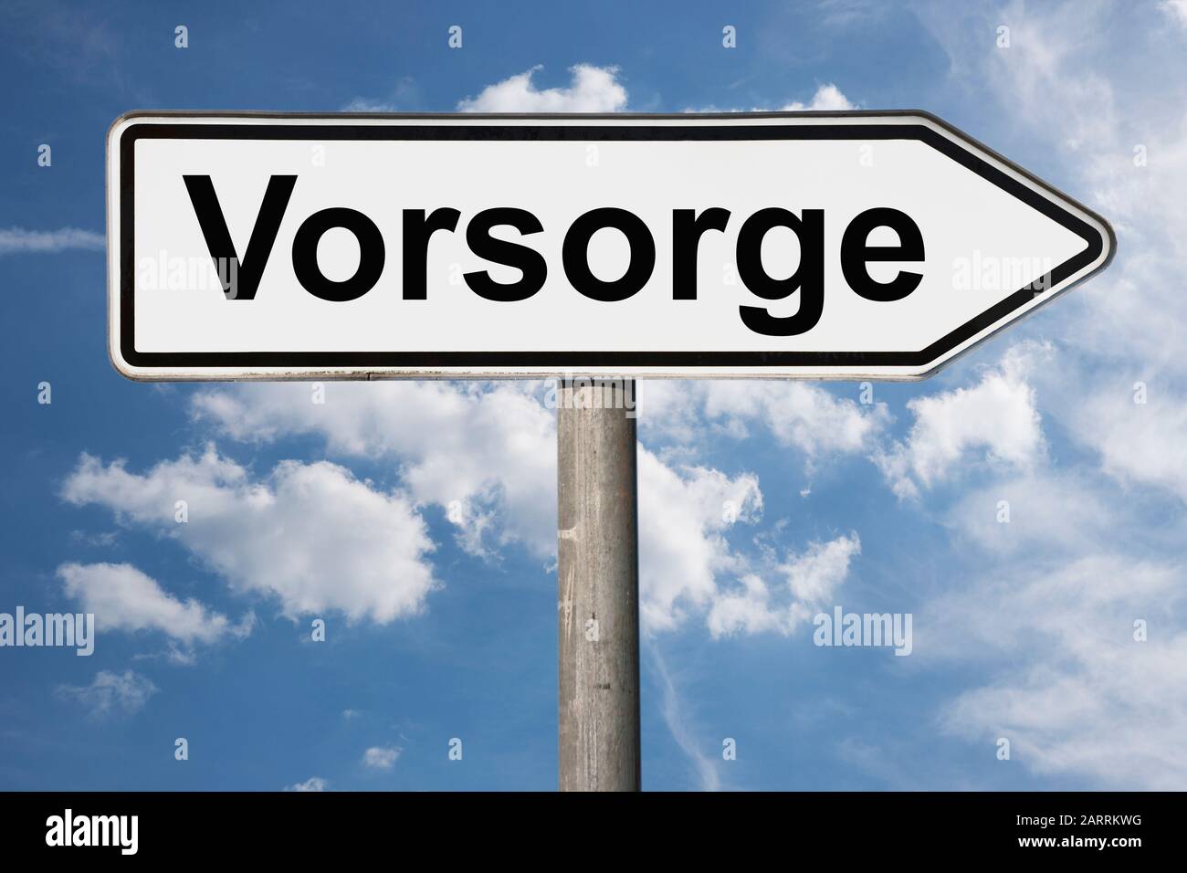 Detail photo of a signpost with the inscription Vorsorge (Prevention) Stock Photo