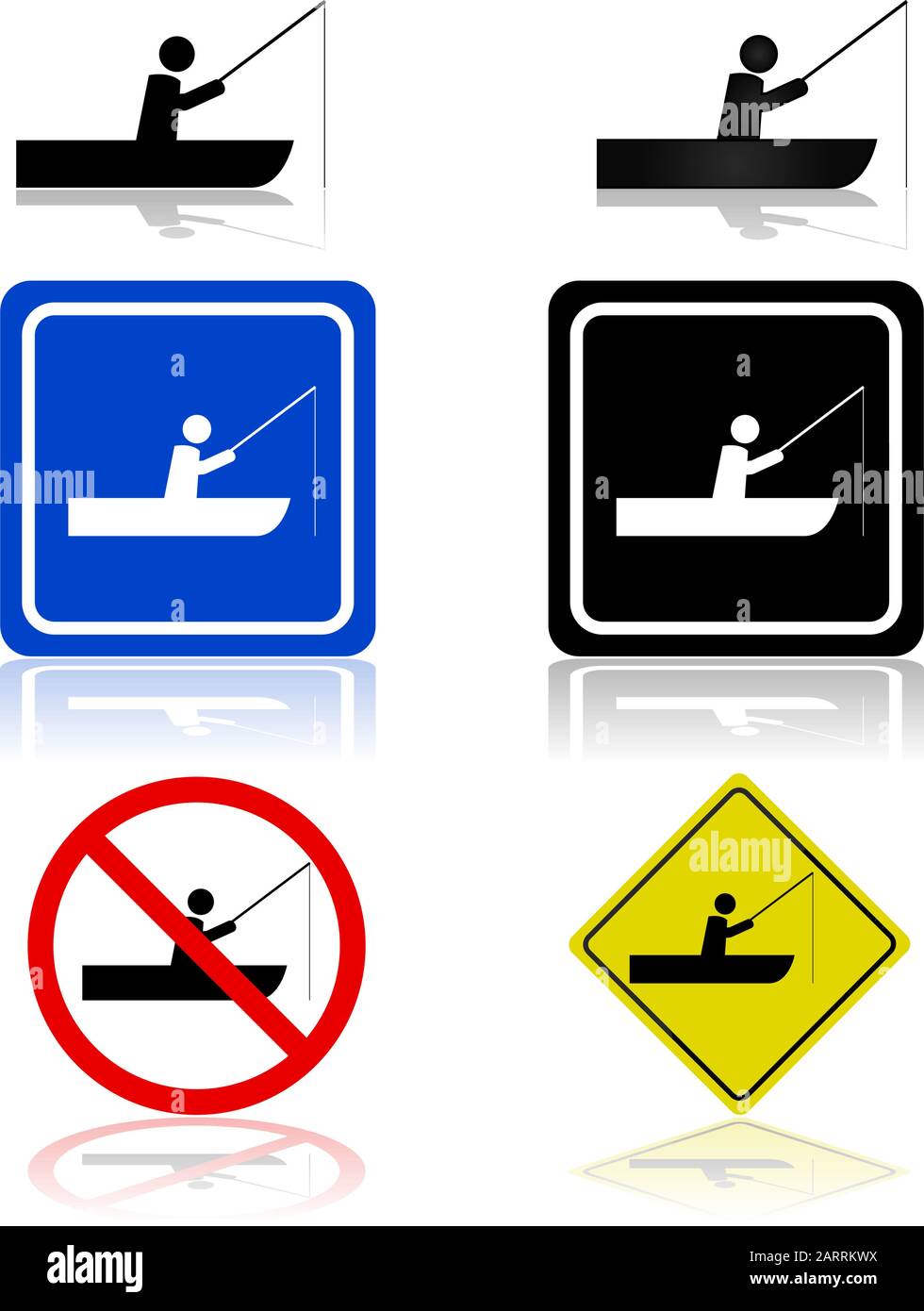 Icon set showing signs for a man fishing on a boat Stock Vector Image ...
