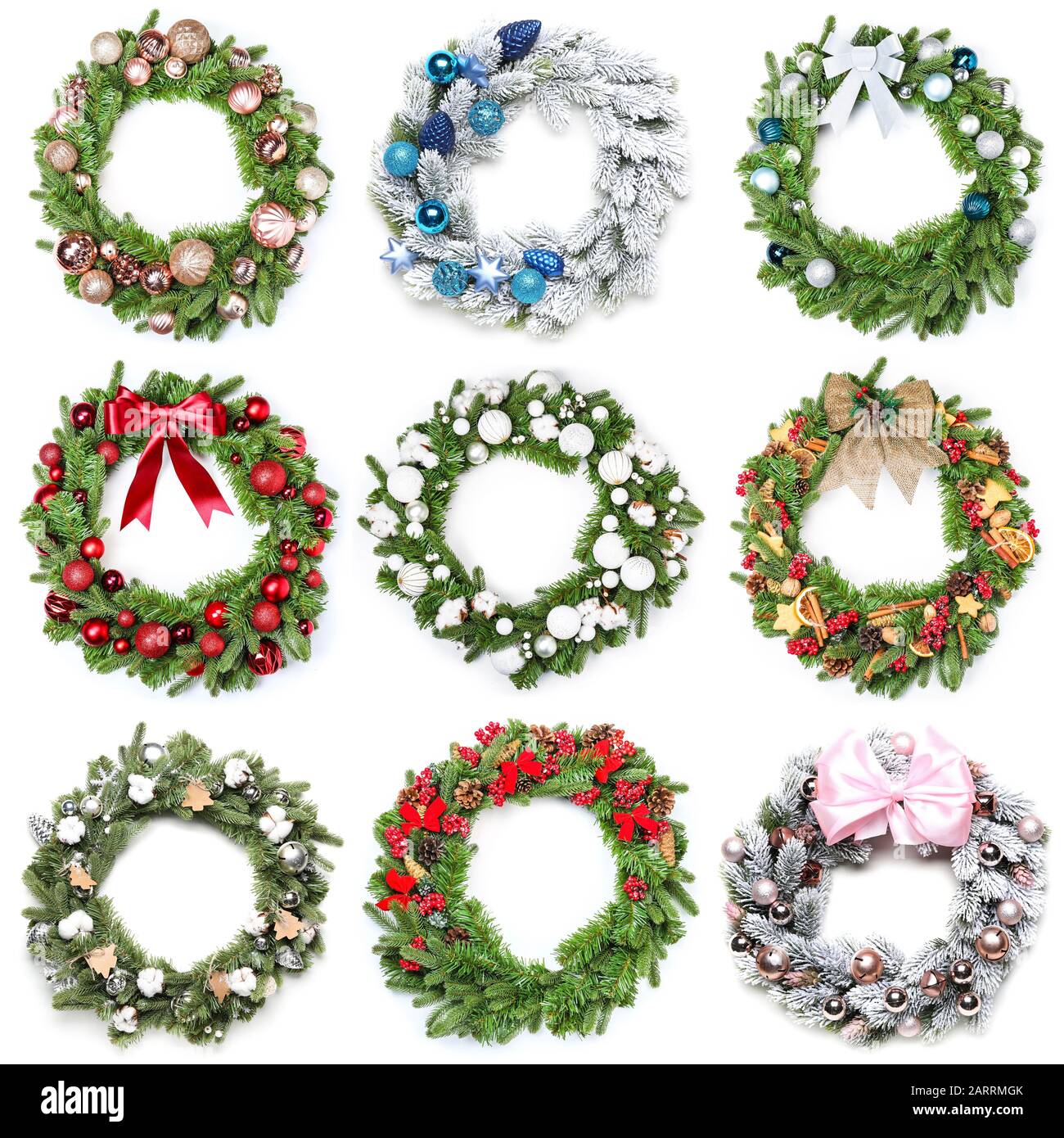 Set of beautiful Christmas wreaths on white background Stock Photo - Alamy