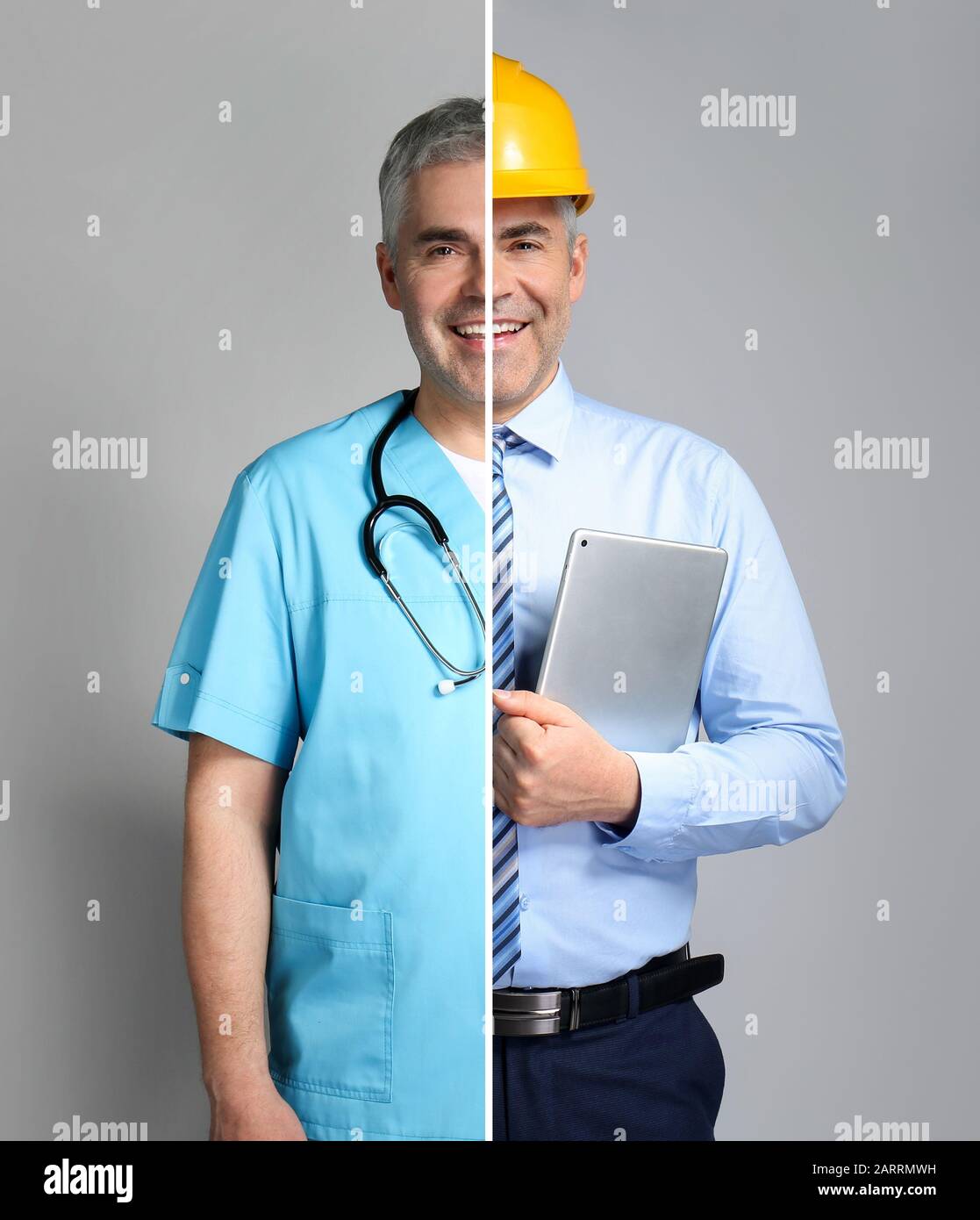 Comparison portrait of man in uniforms of different professions on grey