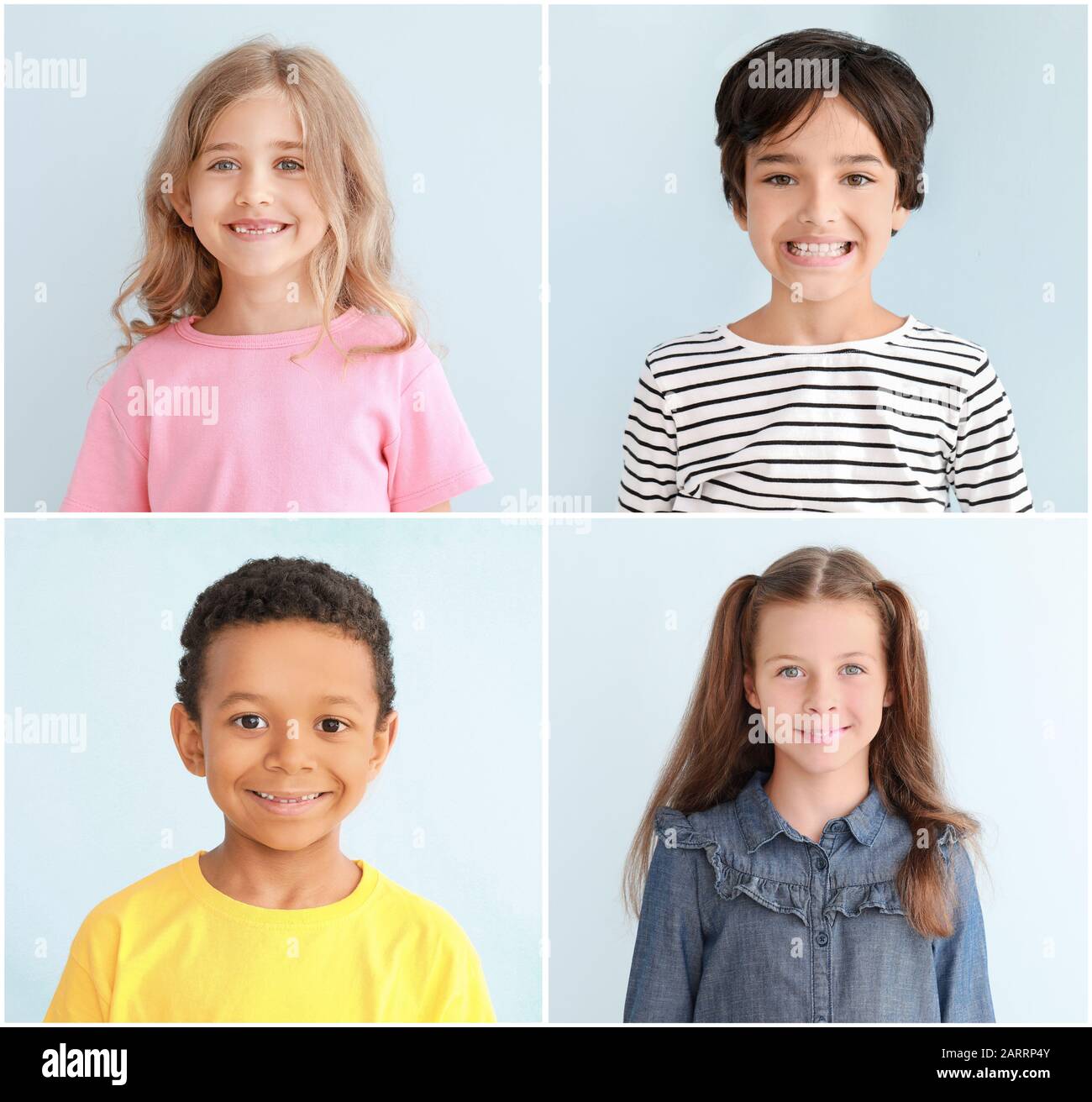 Collage with different little children on color background Stock Photo ...