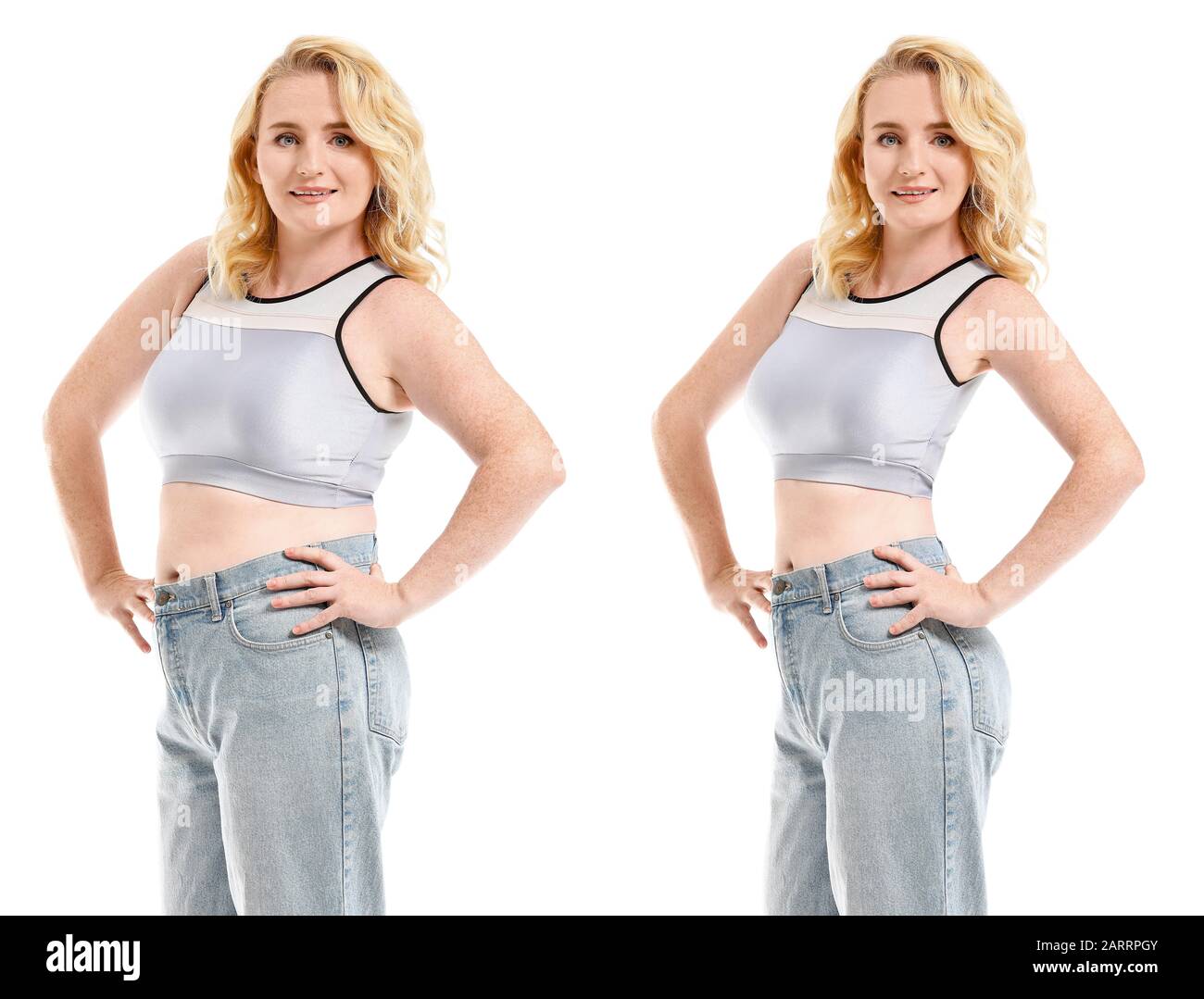 mature before after.com Mature woman before and after weight loss on white background Stock Photo -  Alamy
