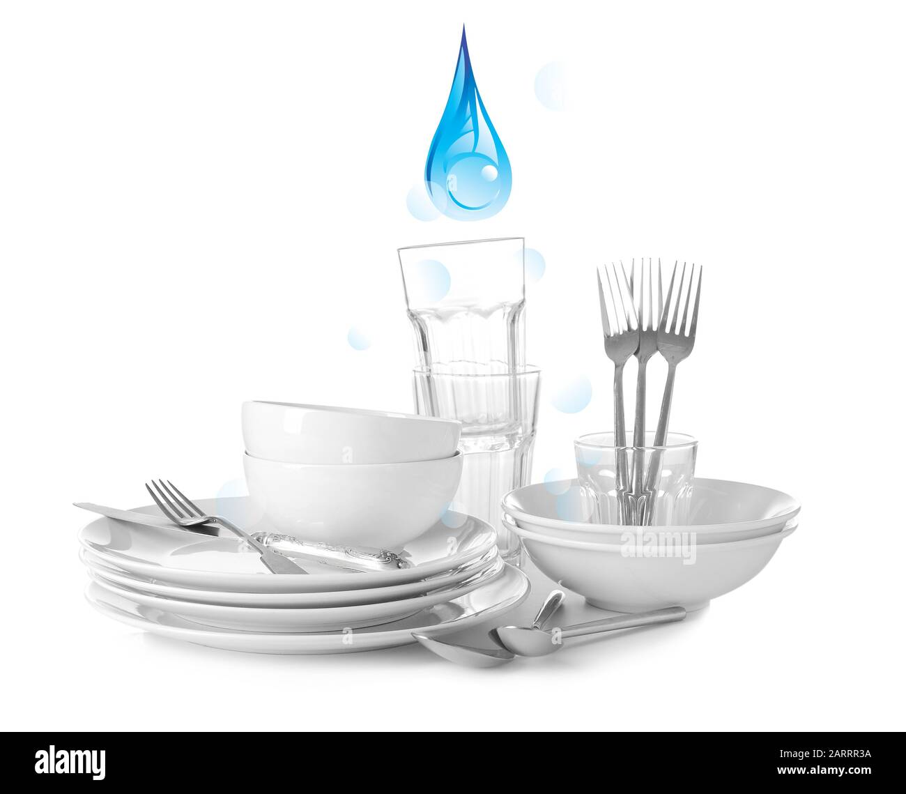 Set of clean tableware and drop of dishwashing liquid on white