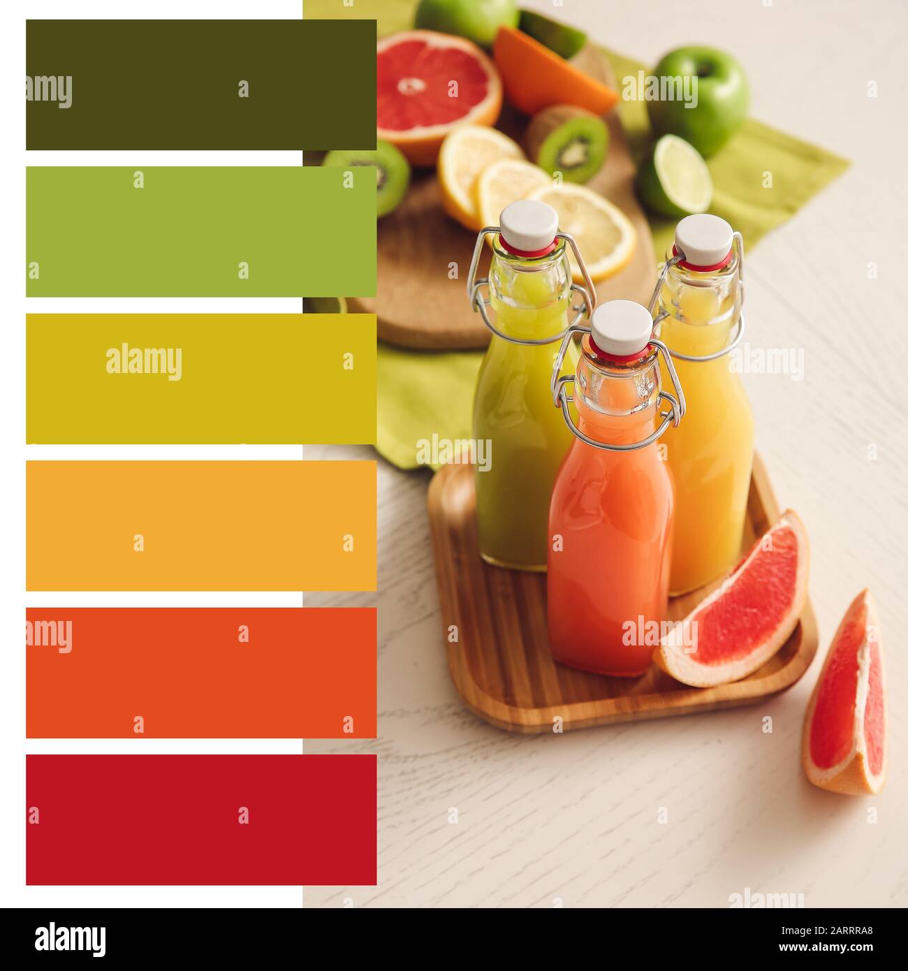 Bottles of fresh juice on table. Different color patterns Stock Photo Alamy