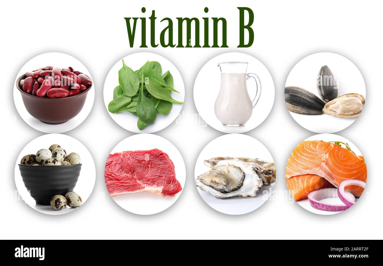 Set of products rich in vitamin B on white background Stock Photo