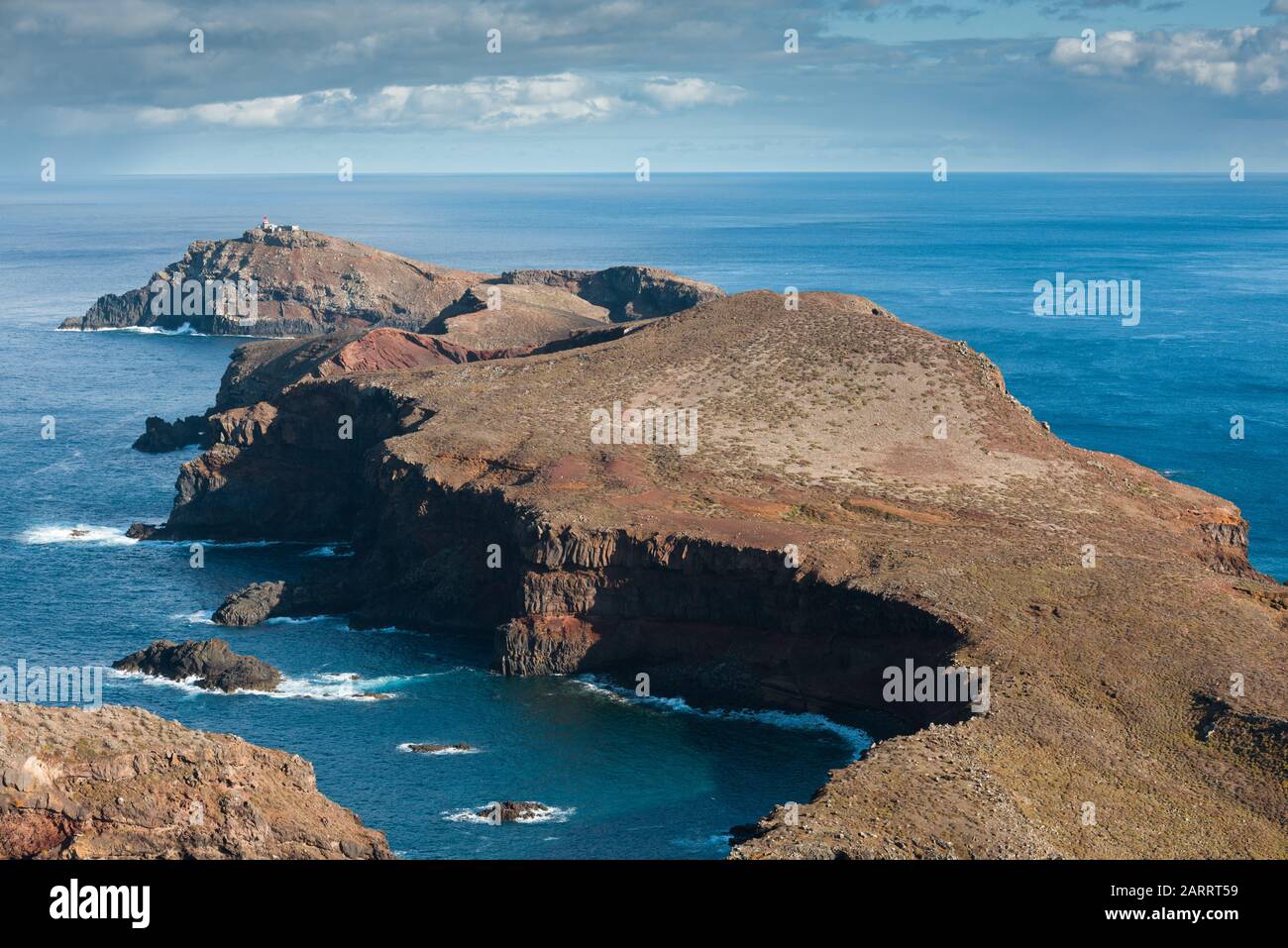 The isle of Desembarcadouro and Farol de Sao Lourenco, Madeira Stock Photo