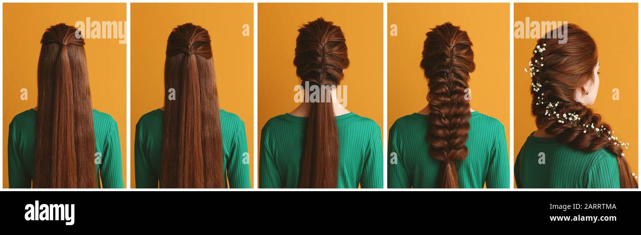 Collage Of Beautiful Woman With Different Hairstyles On Color