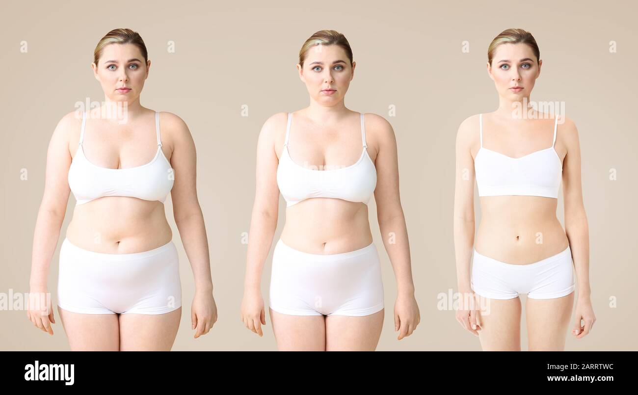 Young woman before and after slimming on color background. Stages