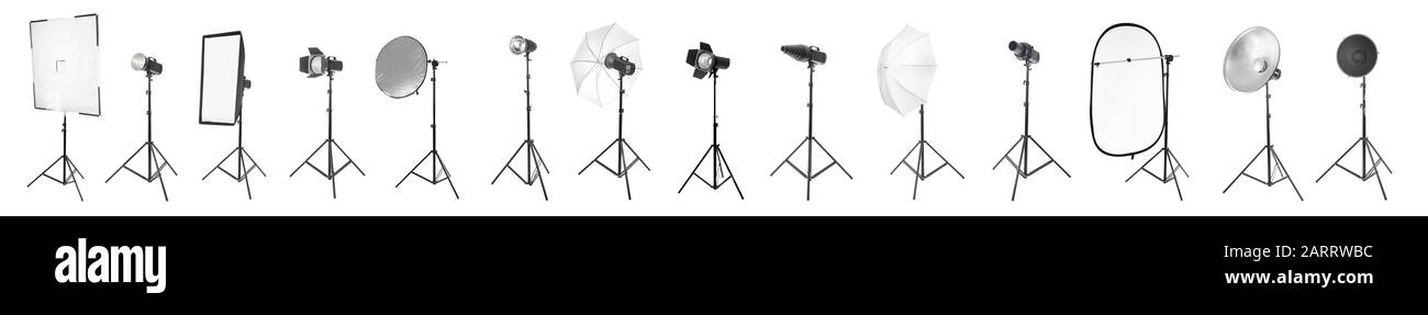 Set of different professional equipment for photo studio on white ...