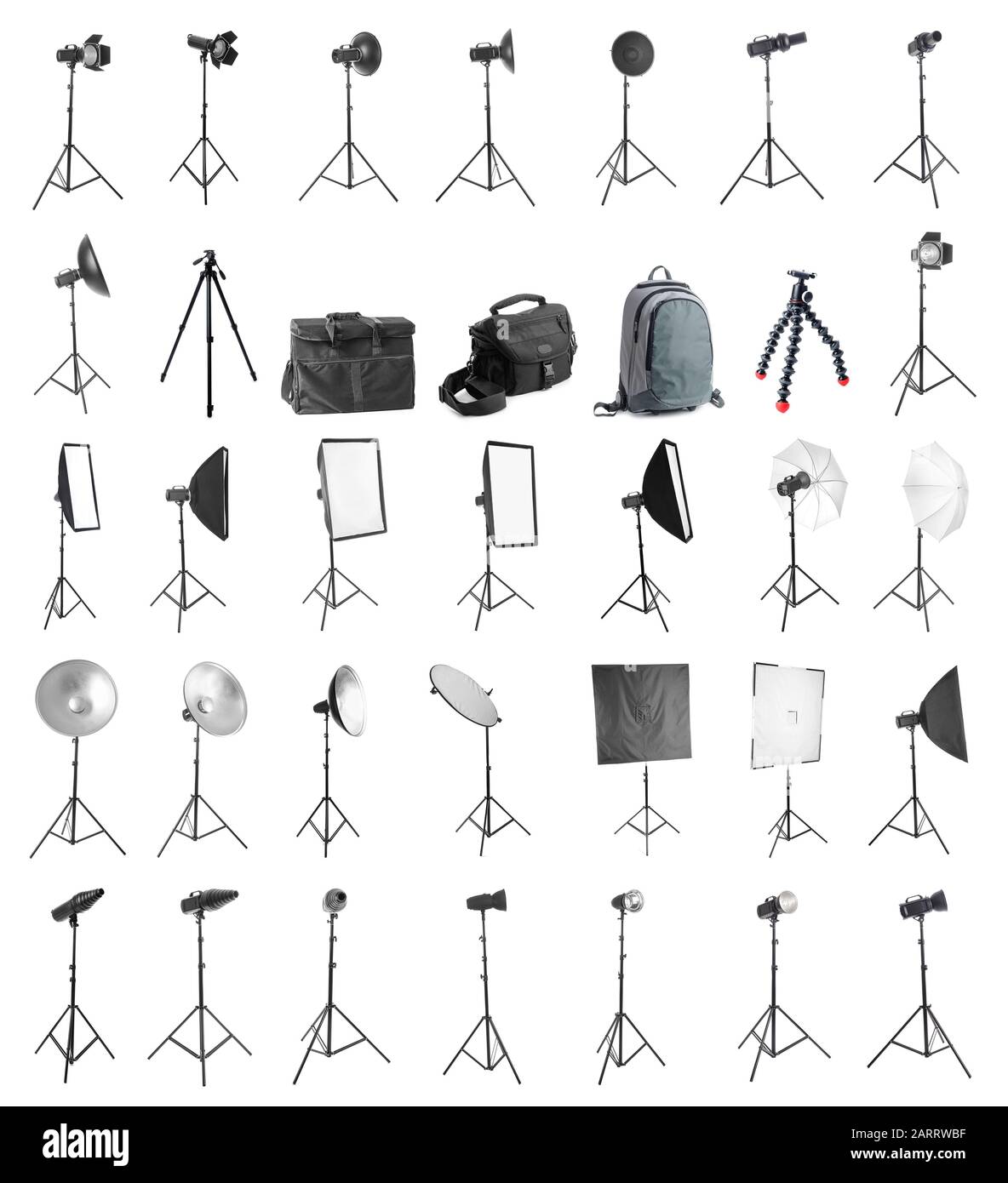 Set of different professional equipment for photo studio on white