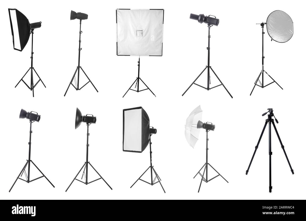 Set of different professional equipment for photo studio on white
