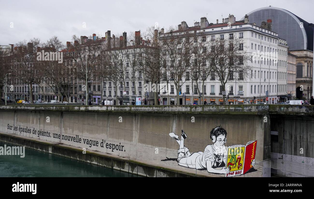Fresco by FAILE, a duo of artists Patrick McNeil et Patrick Miller, painted for RED, Rhone river bank, Jean Moulin Quay, Lyon, Rhone, AURA Region, France Stock Photo