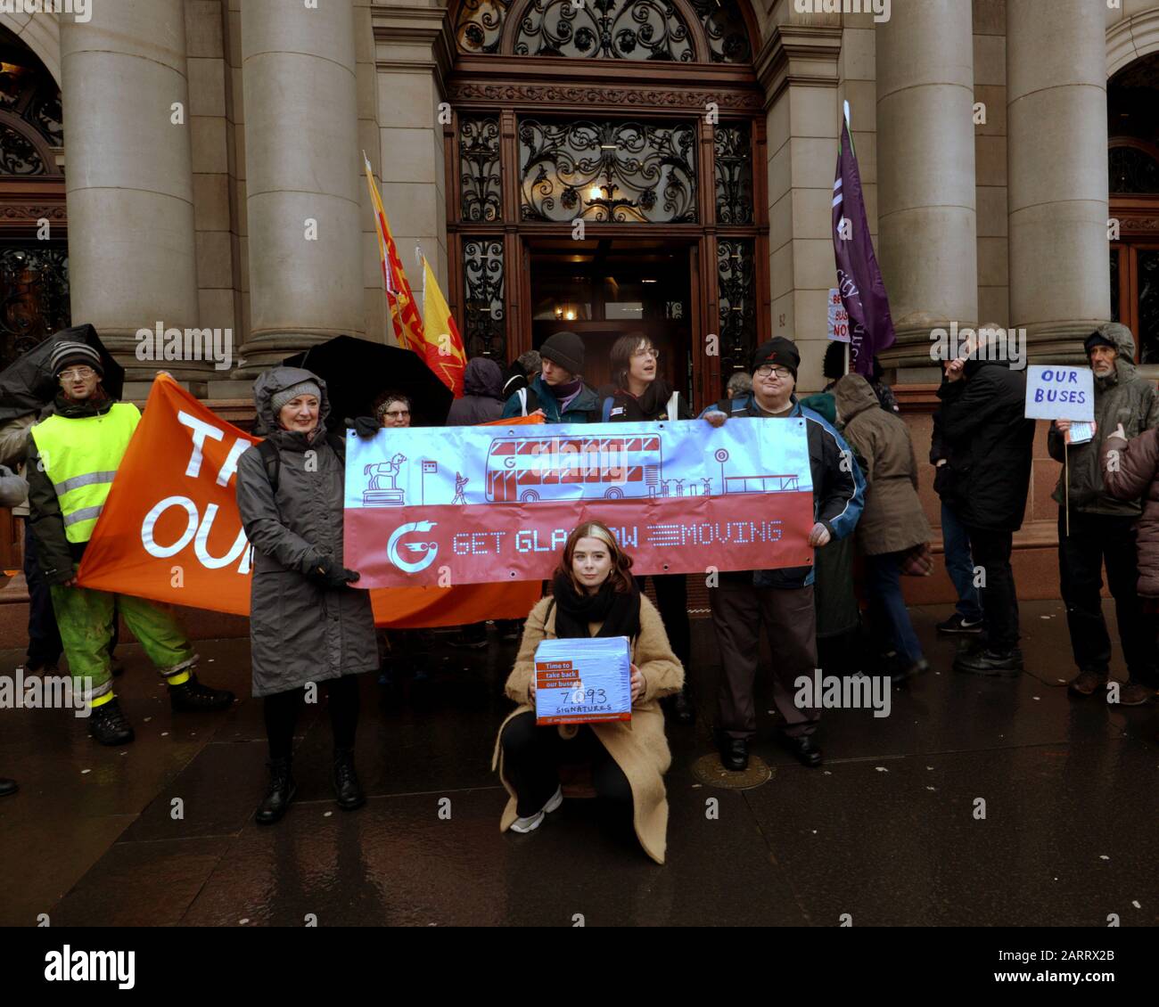 Glasgow, Scotland, UK, 29th January, 2020 :Bus protest outside city chambers  in George Square as protesters awaited a response from susan aitken. As they present a  pile of signatures to take buses back into public ownership. Copywrite Gerard Ferry/ Alamy Live News Stock Photo