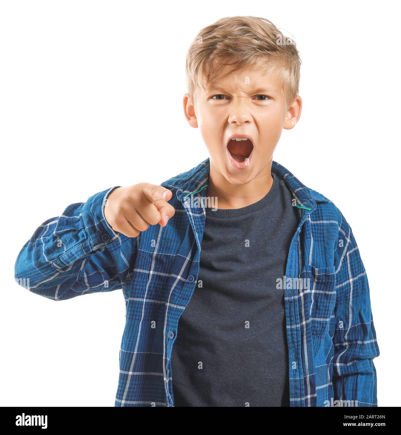 Portrait of angry little boy on white background Stock Photo - Alamy