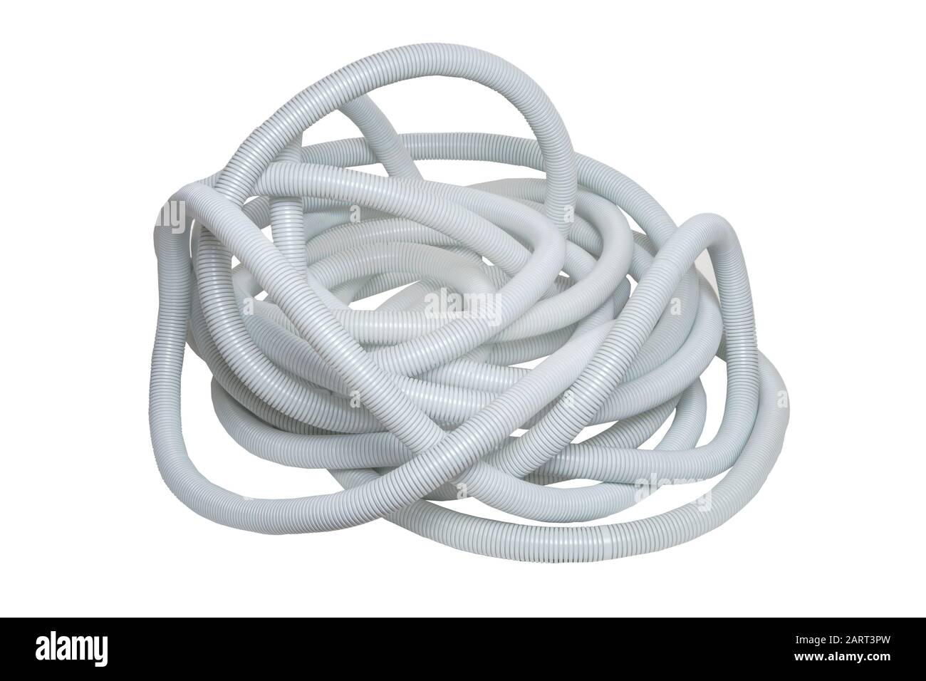 Plastic hose isolated. Close-up of a disorderly bunch of light gray industrial flexible plastic corrugated pipe for electrical cable installations iso Stock Photo
