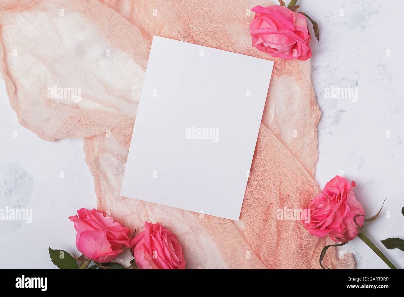 Top view of blank paper card lying on the gentle light pastel color cloth on the table with pink roses. Stock Photo