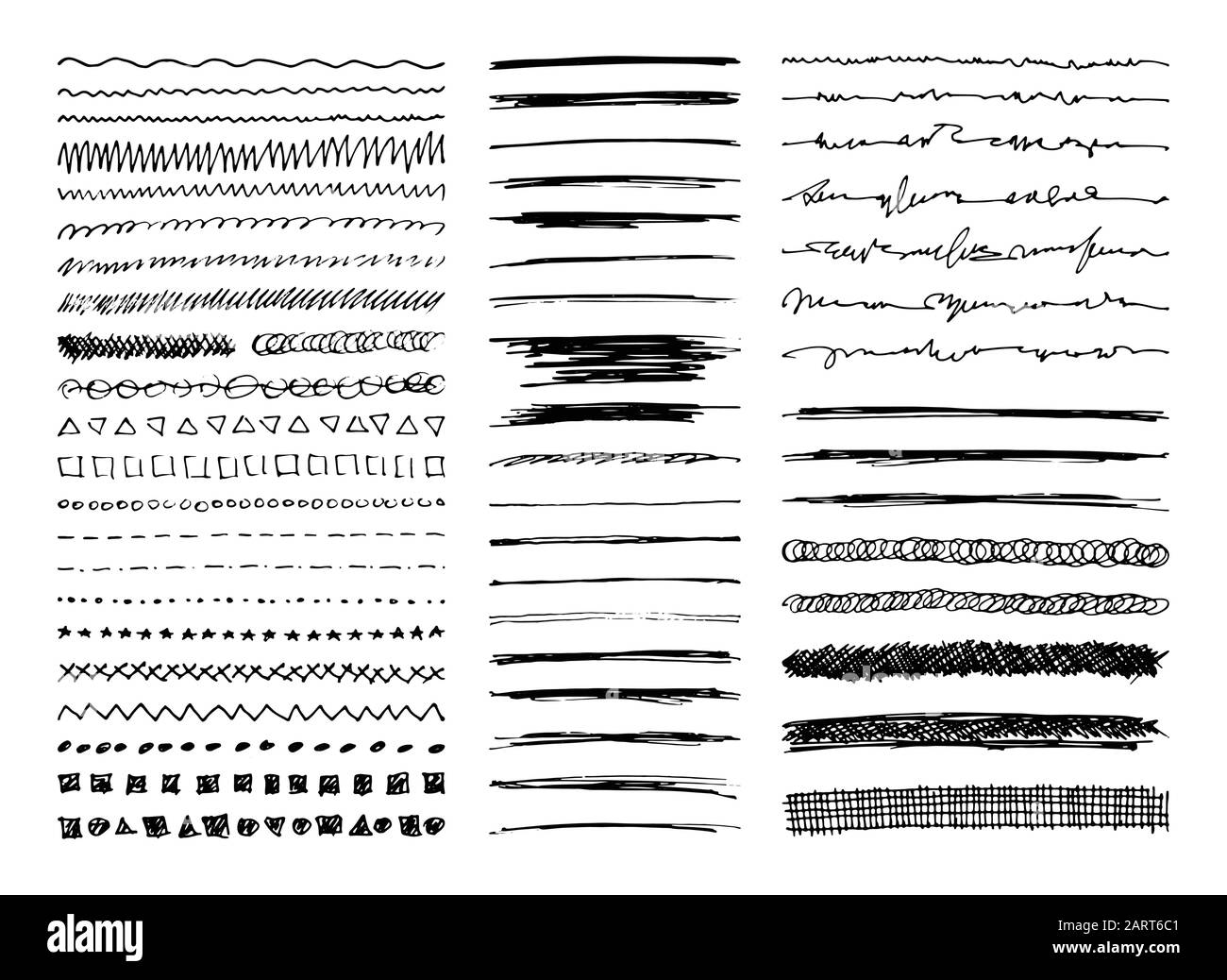 Set of hand drawn line borders, sketch strokes, scribbles and design elements isolated on white. Doodle style brushes. Monochrome vector eps8 illustra Stock Vector